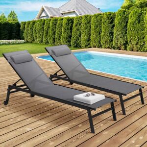 IDMarket Transats de jardin aluminium gris et noir : lot de 2