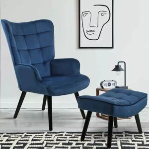 IDMarket Fauteuil scandinave en velours bleu avec repose-pieds