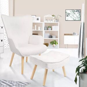 IDMarket Fauteuil scandinave tissu bouclette blanc avec repose pieds