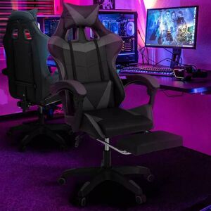 IDMarket Fauteuil gamer reglable et inclinable avec repose-pied et coussins noir et gris