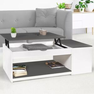IDMarket Table de salon avec plateau relevable et coffre bois blanc et plateau gris