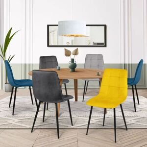 IDMarket Lot de 6 chaises en velours bleu x2, jaune, gris clair et gris foncé x2 matelassé