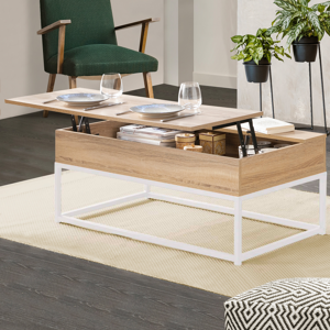 IDMarket Table basse industrielle blanche et bois avec plateau relevable - Publicité