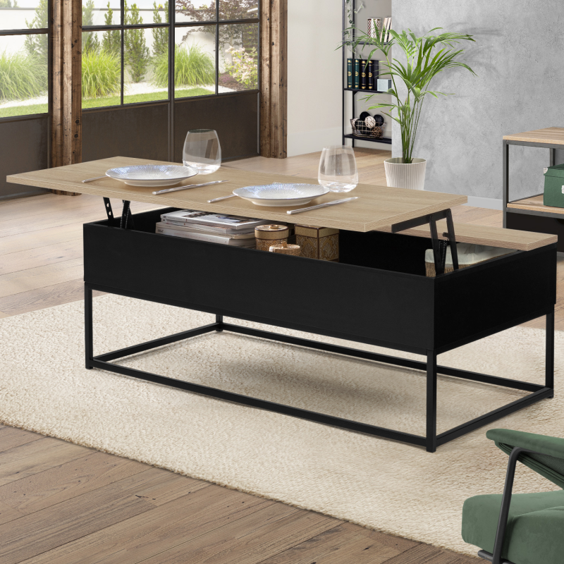 IDMarket Table basse noire style industriel avec plateau relevable en bois façon hêtre