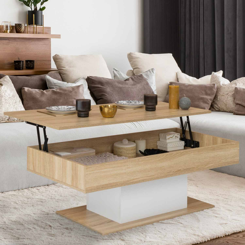 IDMarket Table de salon relevable bois et blanc