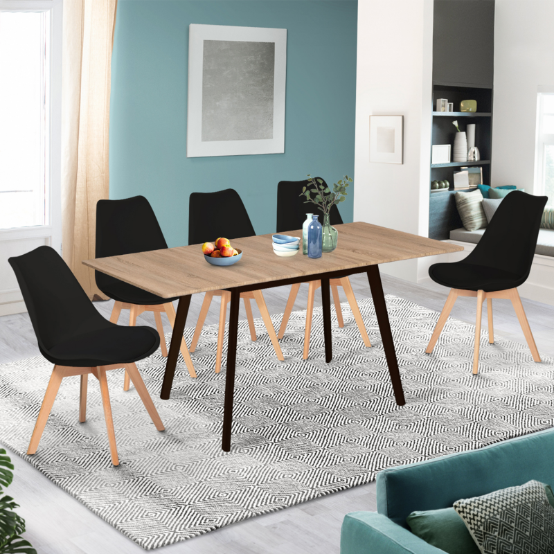 IDMarket Table extensible scandinave plateau bois pieds noirs 120-160 cm