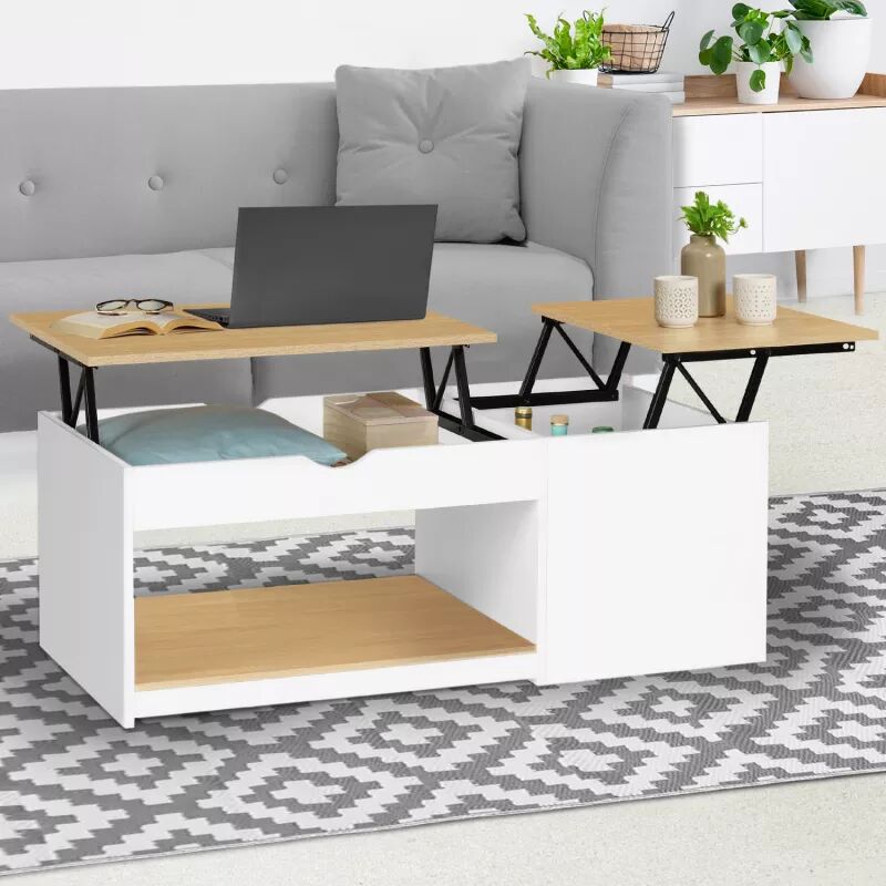 IDMarket Table basse 2 plateaux relevables bois blanc et façon hêtre