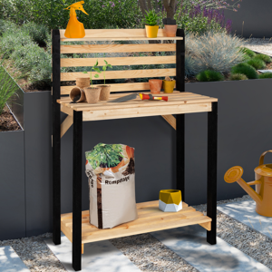 IDMarket Table de plantation rempotage et préparation en bois naturel et noir avec fond et étagère