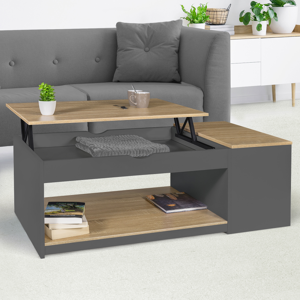 IDMarket Table de salon avec plateau relevable et coffre bois gris et plateau façon hêtre - Publicité