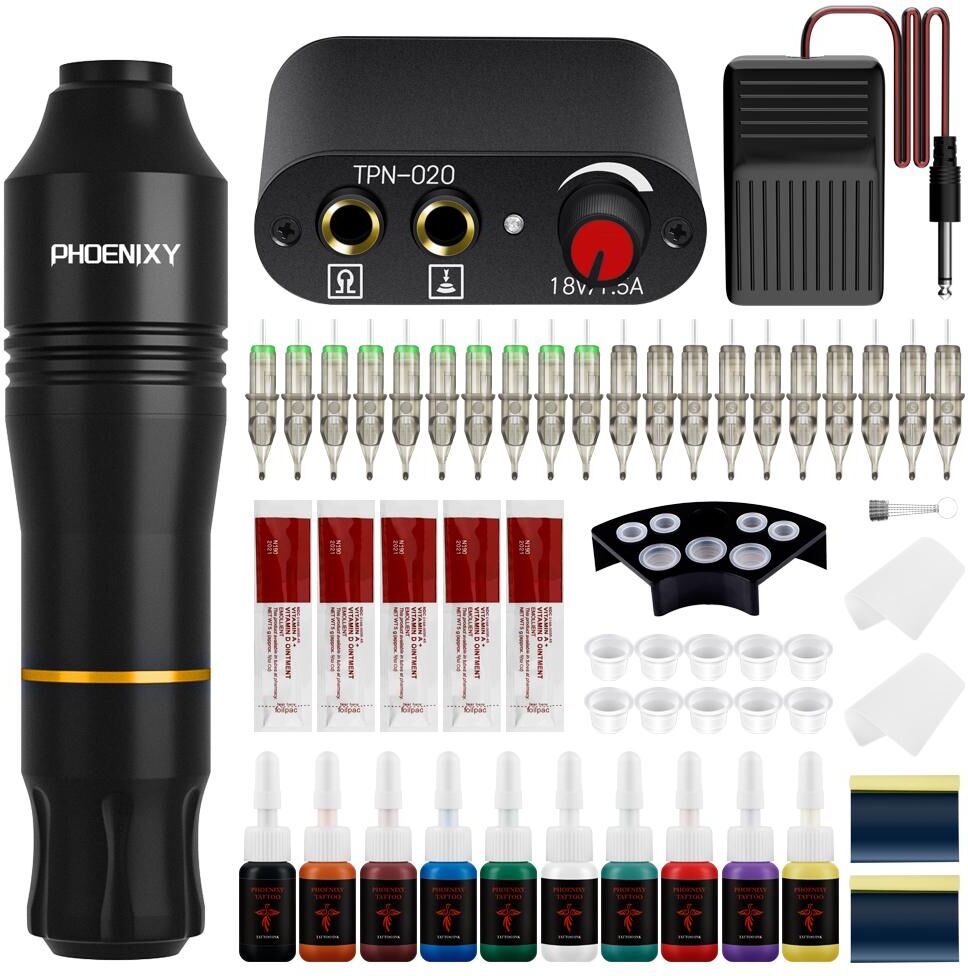 PHOENIXY Professional Tattoo Pen Kit Rotary Tattoo Pen Machine Tattoo Inks Power Supply Foot Pedal Power Supply Makeup Tattoo Set