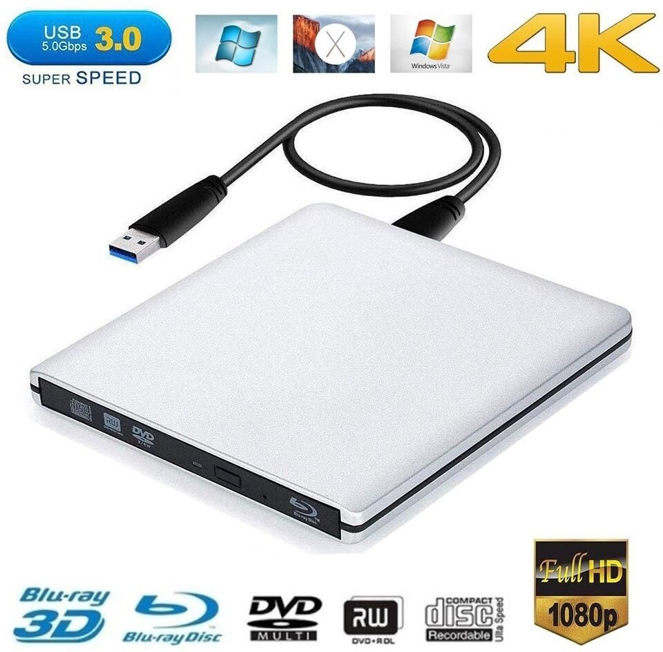 Nouveau lecteur de CD DVD Blu-ray externe USB 3.0 lecteur de Blu-Ray 3D 4K graveur de graveur BD/CD/DVD portable pour Mac, Win 10,8,7, XP, Vista, ordinateur portable, PC