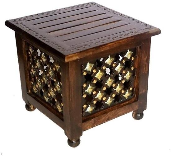 30.48 cm Handmade Beautiful Wooden Stool with Brass Cutting Design Storage for Living Room Bedroom Furniture