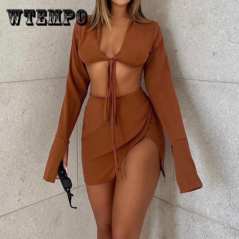 WTEMPO Women s Skirt Sets Large Size Brown Long Sleeve Lace-up Polo Collar Top + Mini Skirt 2Pcs Set All-match Club Party Skirt Suit