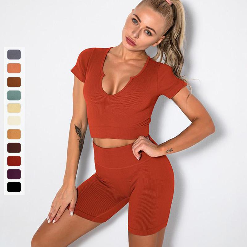 Nessaj Seamless Yoga Set Women Fitness Sport Suits Sportswear Gym Set Short Sleeve Top High Waist Shorts Workout Clothes