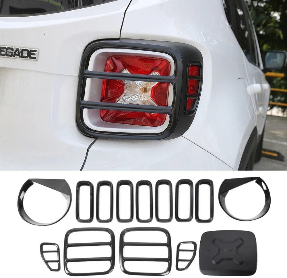 14PCS ABS Black Car Exterior Decoration Accessories for Jeep Renegade 2016 2017 2018 Tail Light Headlight Front Grille Cover