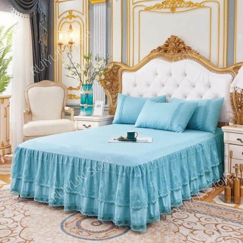 3 Layers Bed Skirt Lace Ruffled Bed Skirt Couvre Lit Bedroom Bed Cover with Surface Non-slip Mattress Cover Bedsheet Bedspread