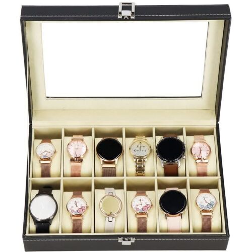 SPRINGOS® Presentoir montre Coffret montres en cuir Boite bijoux Cadeau pour home/femme 30 x 20 x 8 cm pour 12 montres - Noir