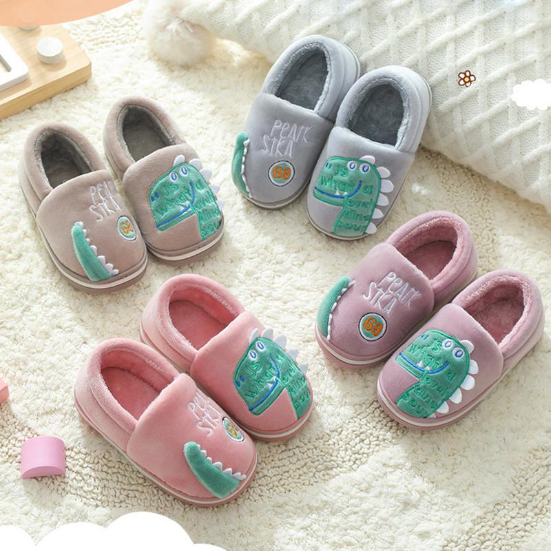 Non-slip Children Home Slippers Baby Warm Cotton Indoor Shoes 2021 Winter Cartoon Dinosaur Kids Slippers Boys Girls Flops