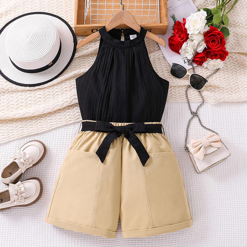 Summer Girls 6-12+ Years Old Children s Clothing Dressy Hanging Neck Sleeveless Top + Shorts Set