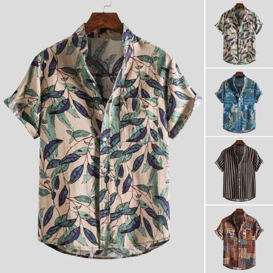Men Shirt Stand Collar Short Sleeve Contrast Color Striped Single-breasted Loose Soft Mid Length Casual