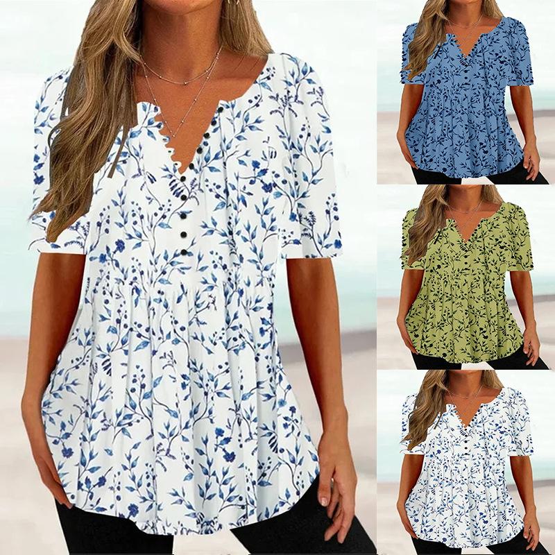 Women s Clothing 2024 Summer Loose V-neck Short Sleeve Pleated Button Shirt Women Lady Fashion Casual Versatile Top