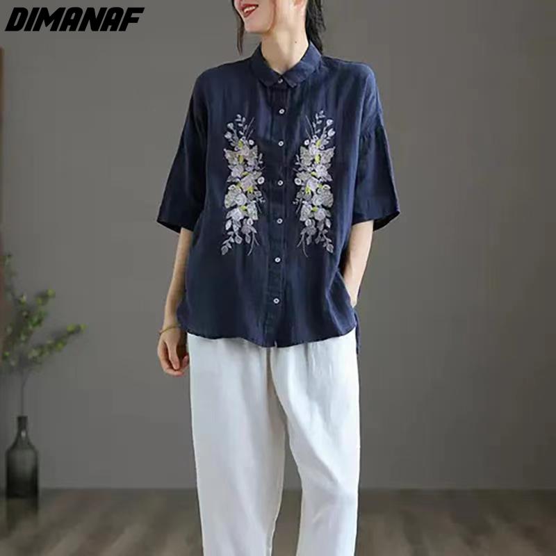 DIMANAF Été Femmes T-Shirt Lin tshirt Mode Patchwork Tops Tees Floral Oversize Tunique Chemise Loose Casual Broderie Blouse