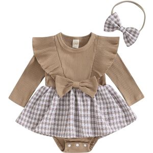 Tenues 2 pièces pour bébés filles, 3M 6M 12M 18M, imprimé pied-de-poule, robe barboteuse à manches longues et bandeau mignon pour tout-petits, automne - Publicité