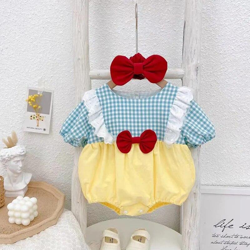 Cute Princess Jumpsuit with Bows Headband Summer Newborn Romper Short-Sleeved Baby Girl Clothing Korean One-Pieces Onesie 2Pcs