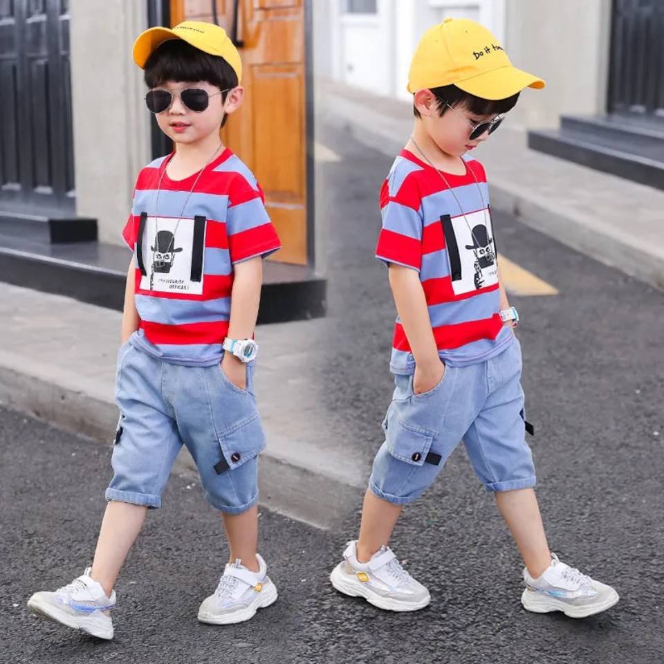 Summer Baby Boys Clothes Suit Stripe Cotton T-shirt+Jeans Short Pant 2PCS Set Kids Boys Clothing