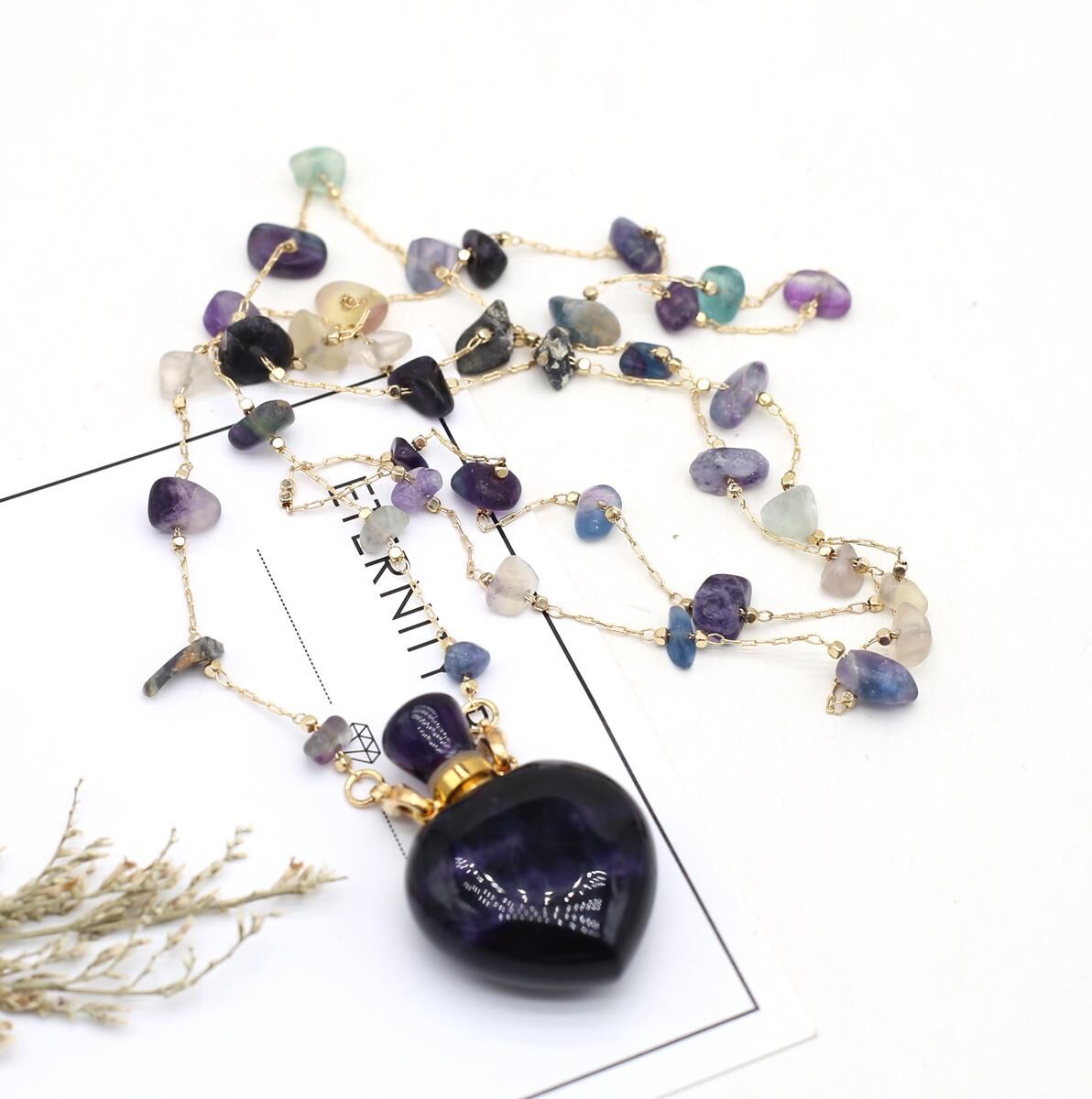 1Pc Natural Stone Purple Crystal Necklace Pendant, Amethyst Perfume Bottle Pendants Amethysts Charms Gravel Chain Necklaces for Women Men Jewelry