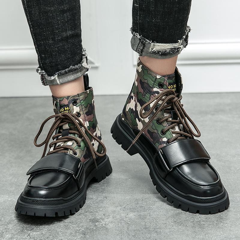 Men Black camouflage Leather Boots Casual Cool Ankle Shoes for Man Plus Size