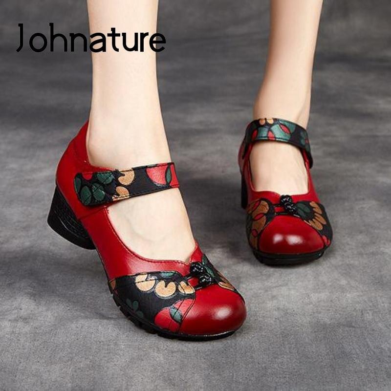 Johnature Escarpins femmes chaussures 2021 nouveau rétro en cuir véritable crochet et boucle décontracté bout rond à la main dames chaussures