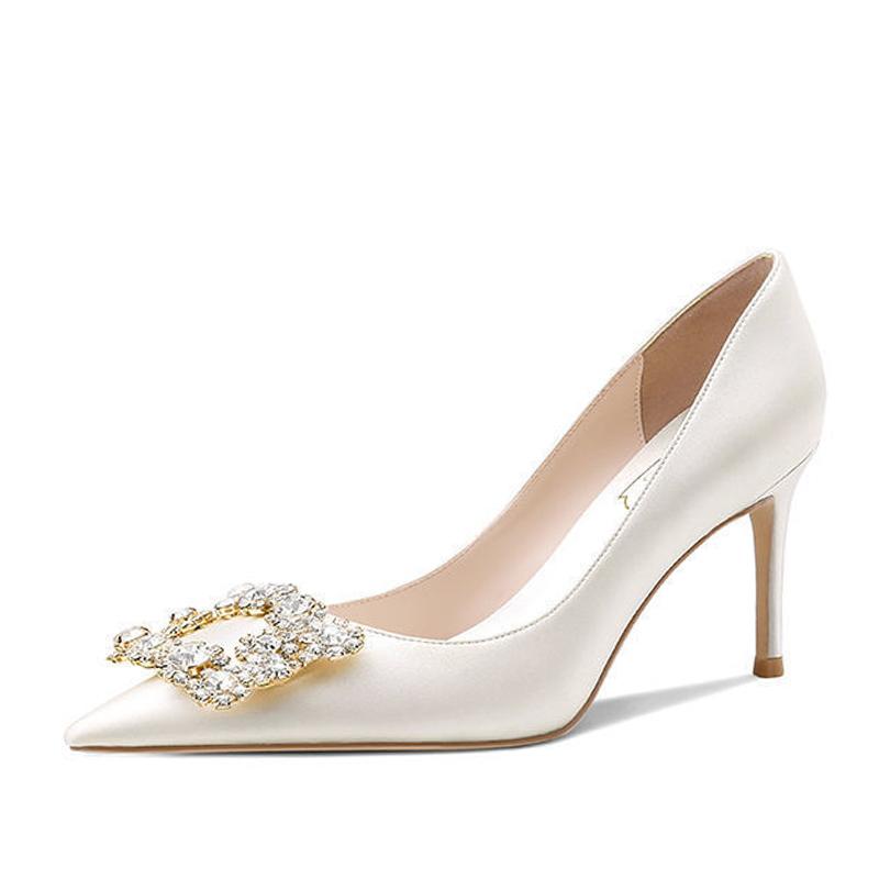 Blanc Satin Stiletto High Heel Shoes Mariage Single Shoes Pointed Toe Rhinestone Party Dress Women’s Shoes Shallow Mouth Sexy Women Pumps
