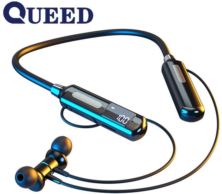 QUEED Podomètre intelligent à affichage numérique, casque d écoute suspendu au cou, sans fil, intra-auriculaire, pour sport, grande batterie, carte enfichable, Bluetooth, nouveau