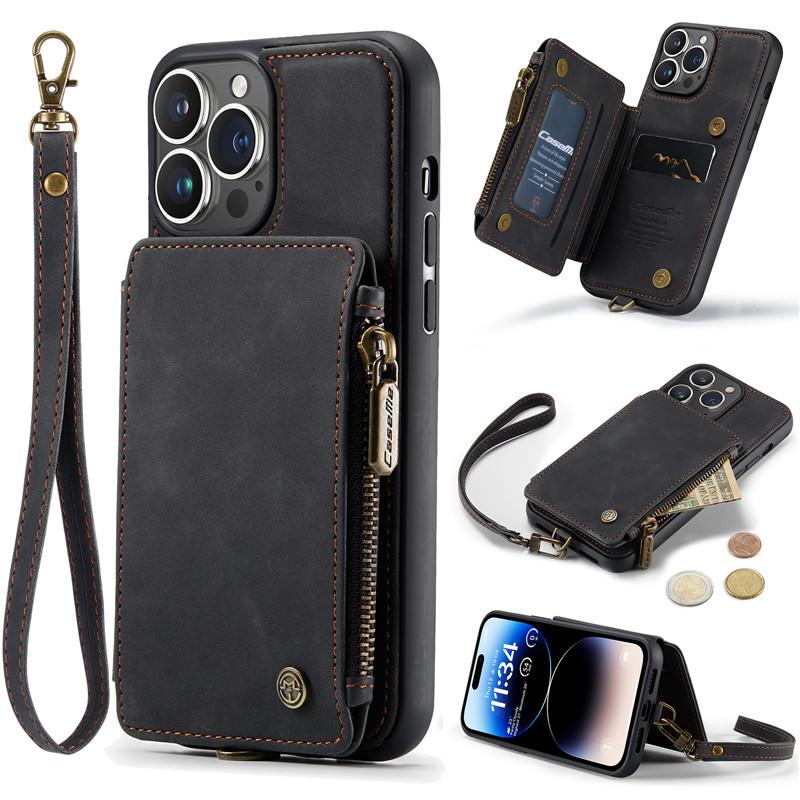 Étui portefeuille en cuir pour iPhone 14 13 12 11 Pro XS Max Mini SE 2020 8 7 Plus, housse de portefeuille à fermeture éclair avec fente pour cartes, étuis de téléphone