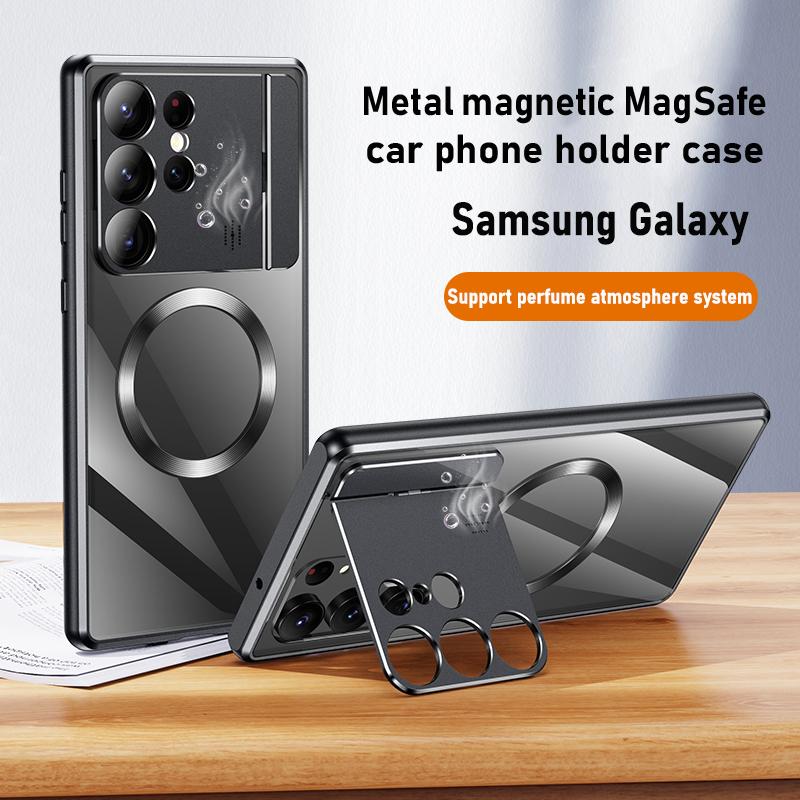 Pour Samsung Galaxy S23 S21 S22 Ultra Case Métal Alliage d aluminium Support de téléphone magnétique Magsafe Parfum Couverture arrière de protection pour iPhone 13 14 Pro Max