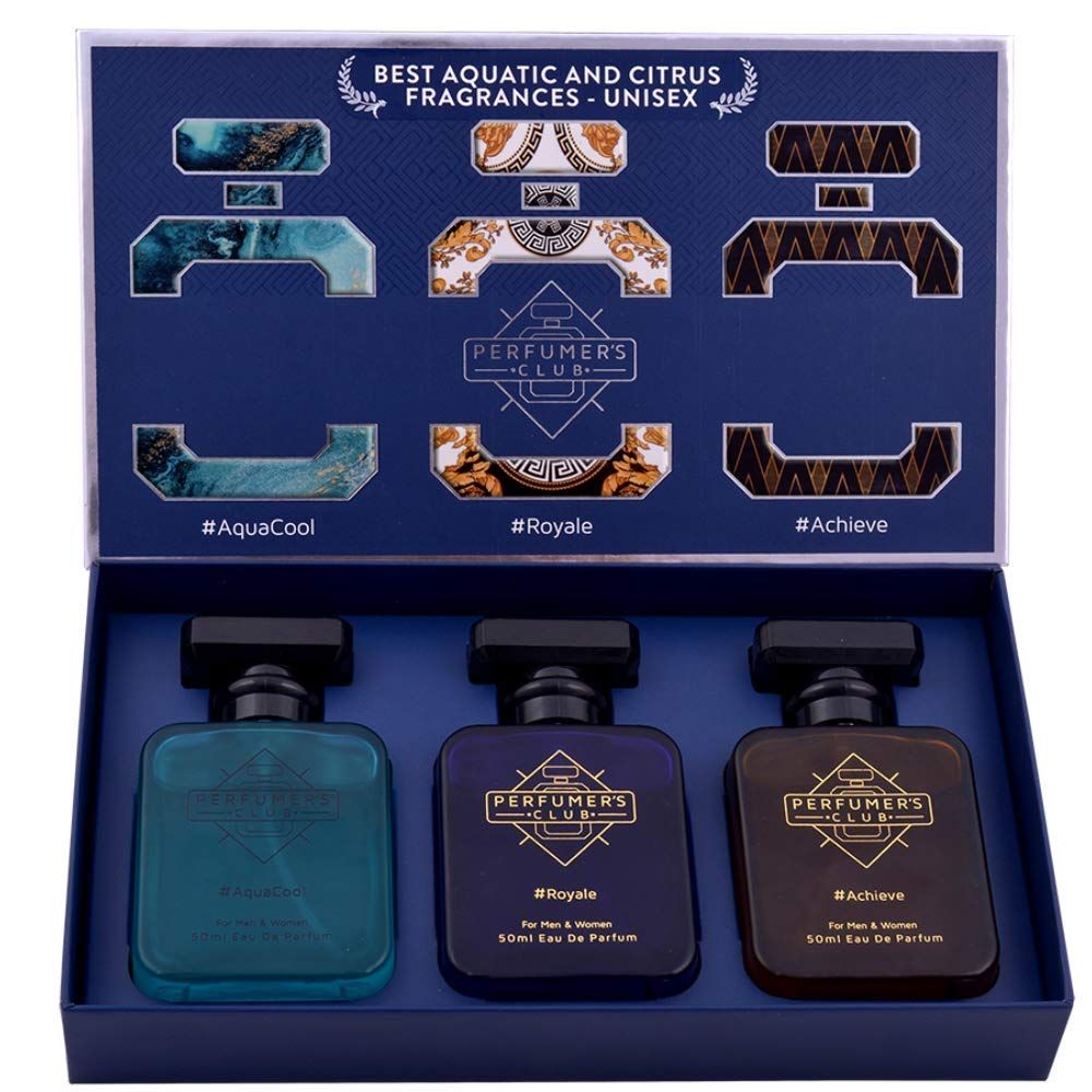 Perfumers Club  Meilleur parfum pour unisexe aquatique et agrumes  Coffret cadeau de 3 (AquaCool + Royale + Réaliser) Jusqu à 24 heures de durée (Eau de parfum)