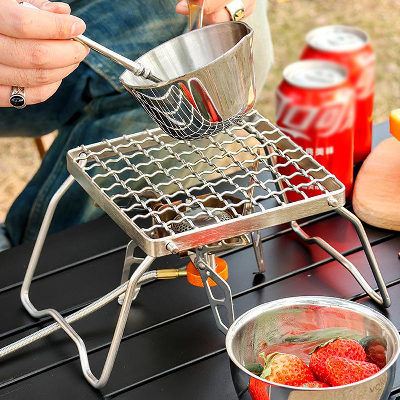 Outdoor Camping Gas Stove Stand Portable Foldable Grill Stand Picnic Cooking Rack Stainless Steel Barbecue Rack Burner Holder Grate Camping Table