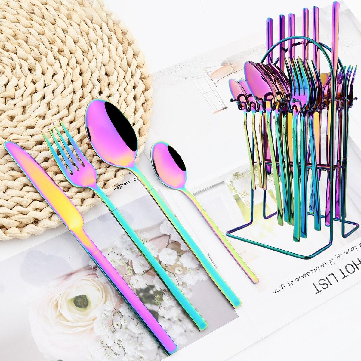 24Pcs Rainbow Color Cutlery Set Knife Fork Spoon avec Rack Dinnerware Set Stainless Steel Tableware Flatware Cuisine Argenterie avec Support de rangement