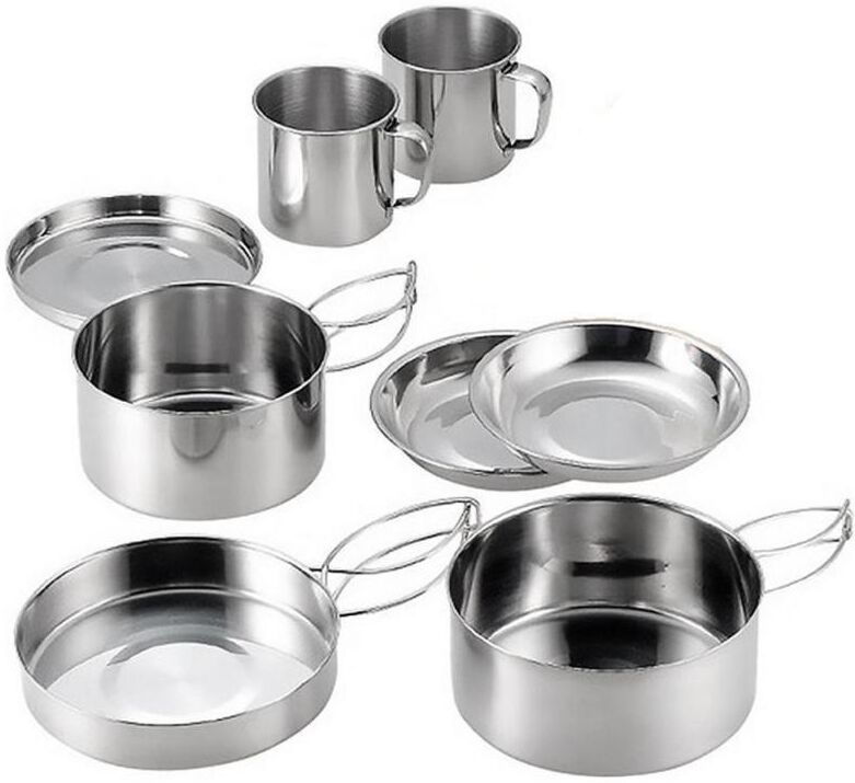 8 PCS Camping Cookware Mess Kit Acier inoxydable Batterie de cuisine durable légère avec tasses Assiette Pot