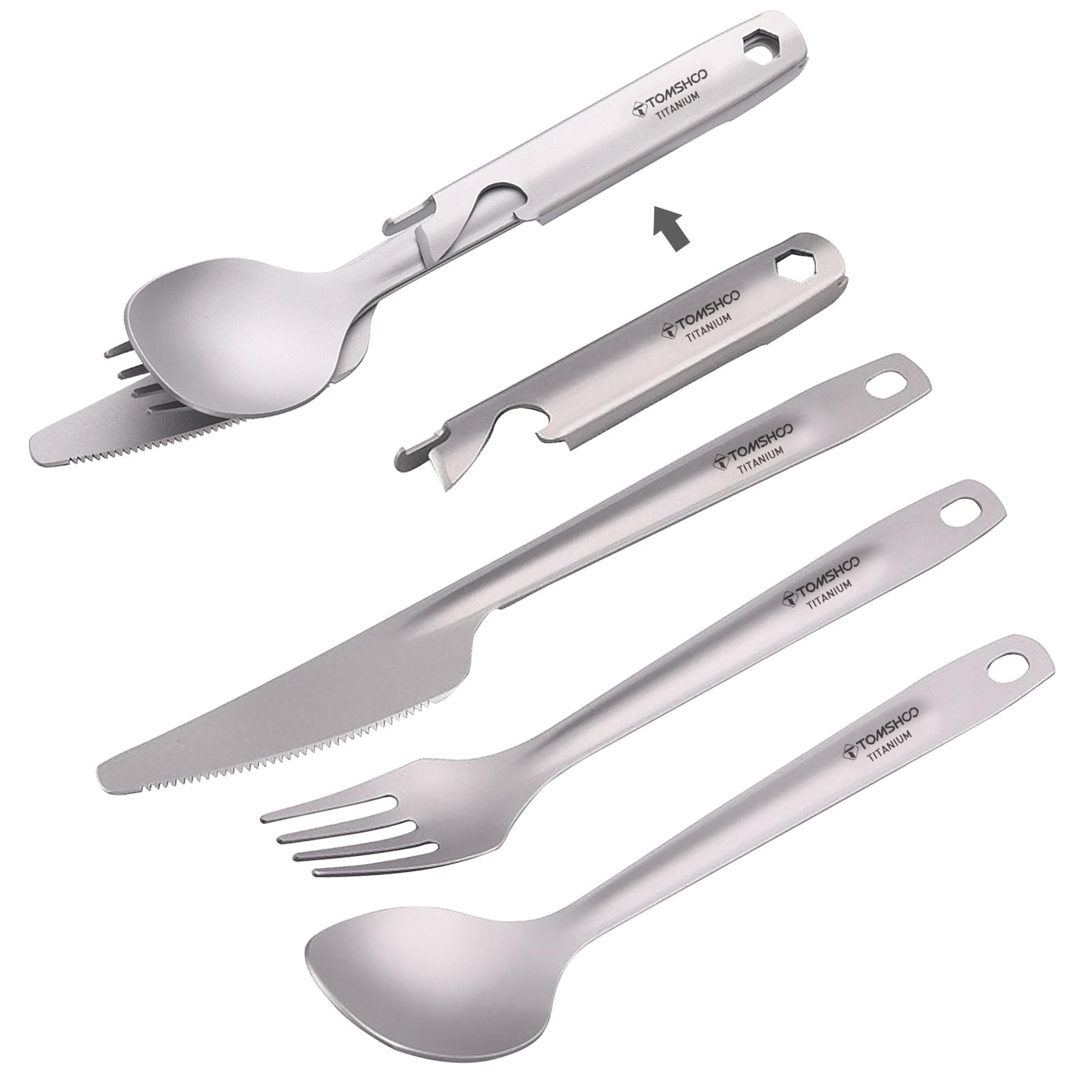 TOMSHOO 4-en-1 Titanium Flatware Couverts Set Lightweight Dinner Spoon Fork Cutter avec porte-bouteille multifonctionnel