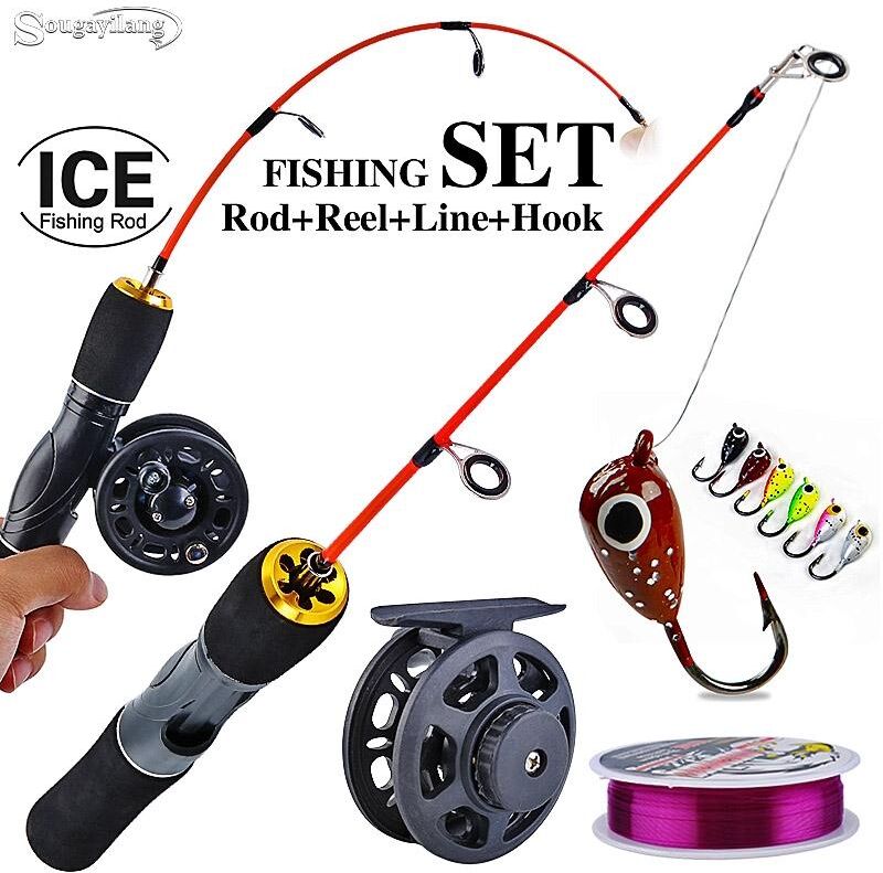 Sougayilang Ice Fishing Combo avec Spinning Rod Ice Reel Line Hooks Set Fishing Pole Fishing Wheel Fishing Wire Fishing Hooks