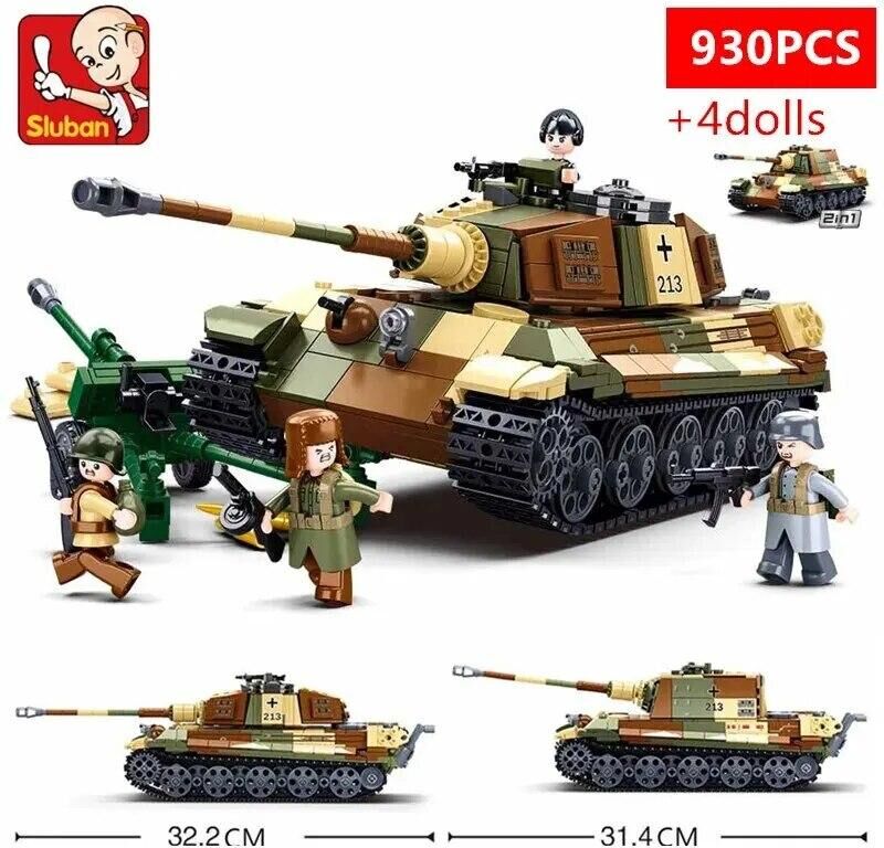 AMAZINGBLOKS 930PCS ARMY Tiger King Heavy Tank Building Blocks Land Force WW2 Military Soldier Figure Dolls Model Bricks DIY Toys For Kids