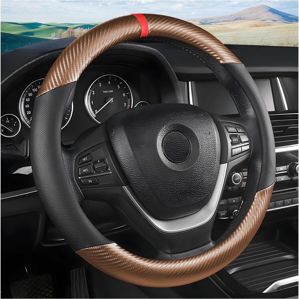 Moly Magnolia Carbon Fiber Car Steering Wheel Cover, Universal 15 inch Breathable Anti Slip Steering Wheel Covers, Car Interior Accessories Fit for