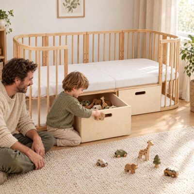 Tiroir de Lit Bébé Waldin - Solution de Rangement 7-en-1 - Publicité Tiroir de Lit Bébé Waldin - Solution de Rangement 7-en-1 - Publicité