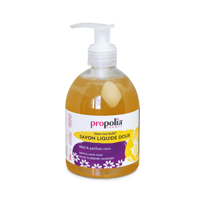 Savon liquide mains doux Miel & Coco Propolia - Publicité Savon liquide mains doux Miel & Coco Propolia - Publicité