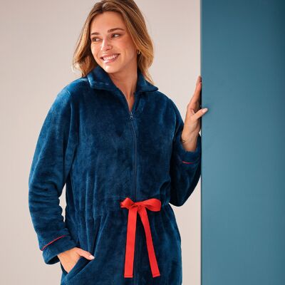 Françoise Saget Robe de chambre Félin filou Bleu Polaire - Publicité Françoise Saget Robe de chambre Félin filou Bleu Polaire - Publicité