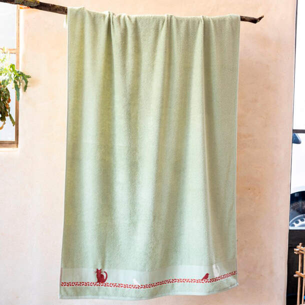 Françoise Saget Maxi drap de bain Chats sur la branche Vert tendre Coton