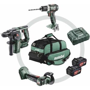 Metabo Pack d'outillage electroportatif 3 en 1 sans fil, perceuse-visseuse, marteau perforateur, meuleuse d'angle 18 volts 4,0 Ah, 691174000