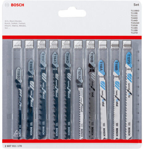 Bosch Kit de 10 lames de scie sauteuse a emmanchement en T pour bois et métal 2607011170